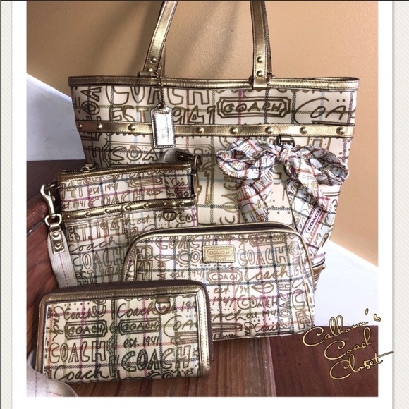 Coach Tattersall Gold Graffiti Tote Wallet Holiday - Picture 2 of 8